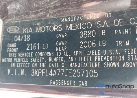 2018 Kia Forte Lx z USA, uszkodzony, nr VIN 3KPFL4A77JE257105